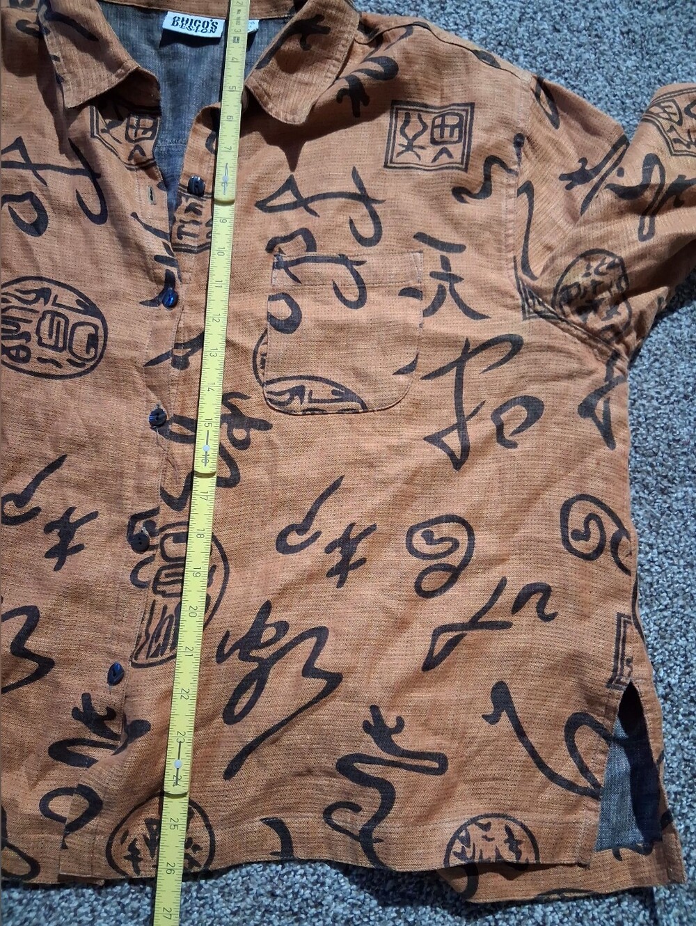 Rust-Brown Printed Linen Button-Up Blouse - Picture 7 of 8